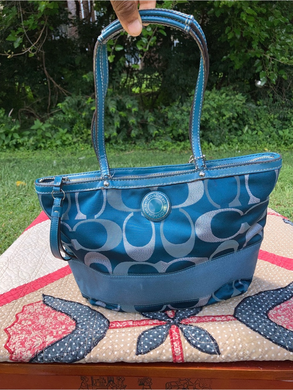 Coach Teal Signature Canvas Tote